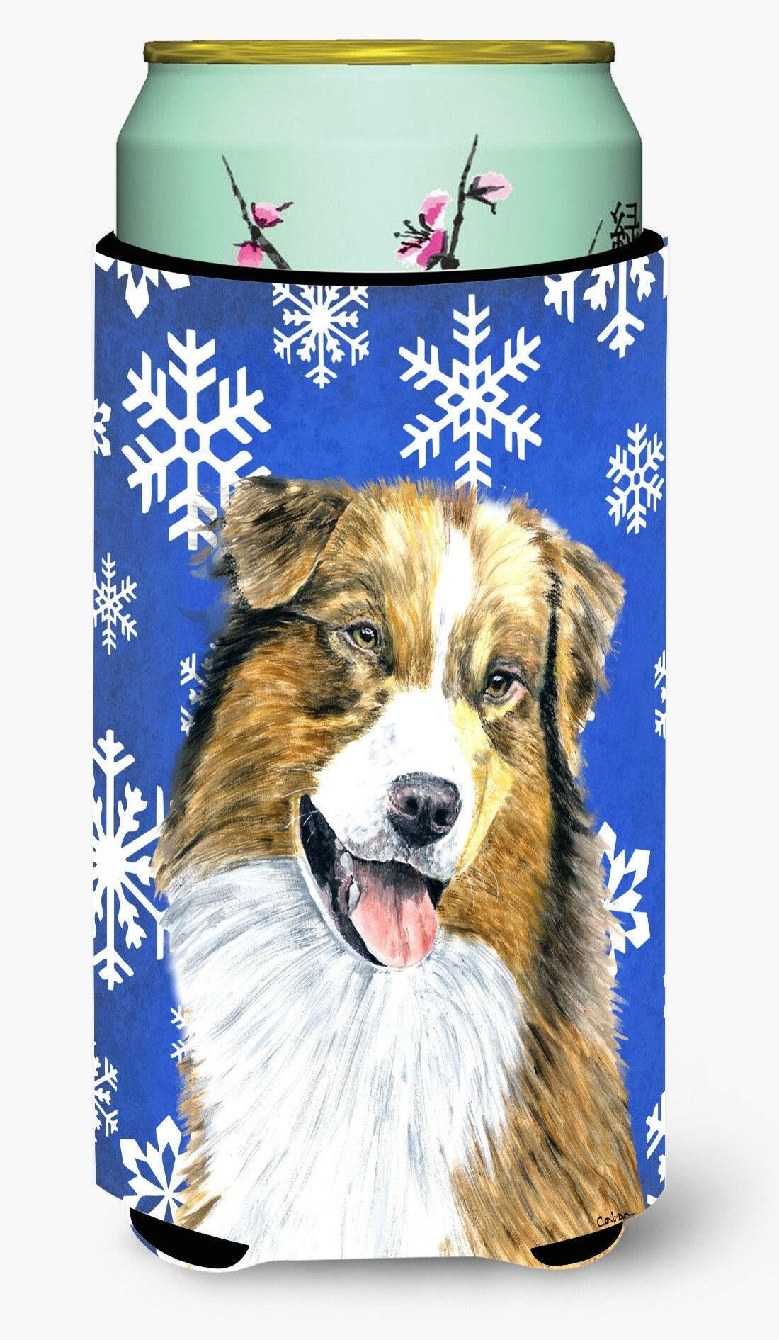 Australian Shepherd Winter Snowflakes Holiday  Tall Boy Beverage Insulator Beverage Insulator Hugger by Caroline's Treasures