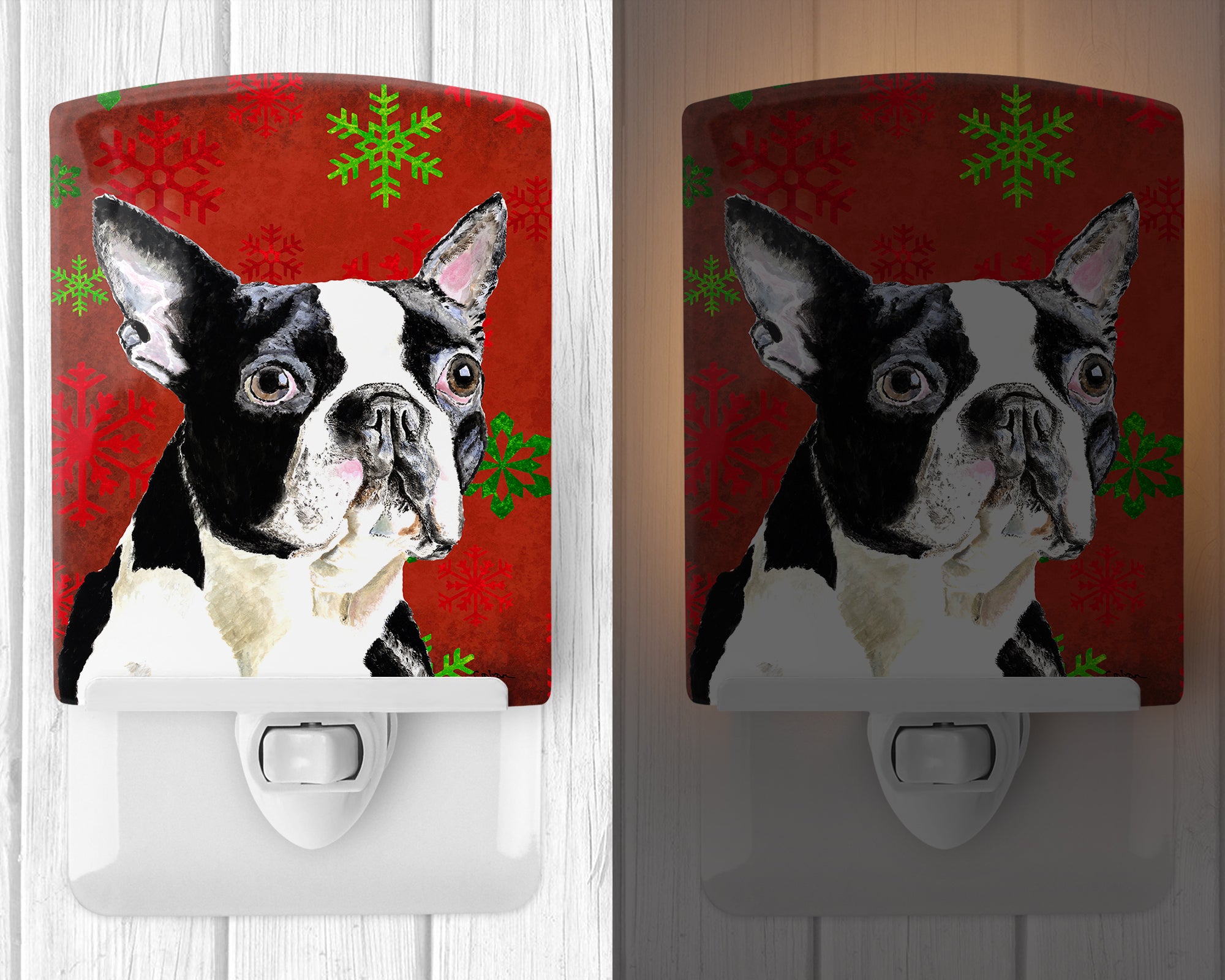 Boston Terrier Red Green Snowflakes Christmas Ceramic Night Light SC9400CNL - the-store.com