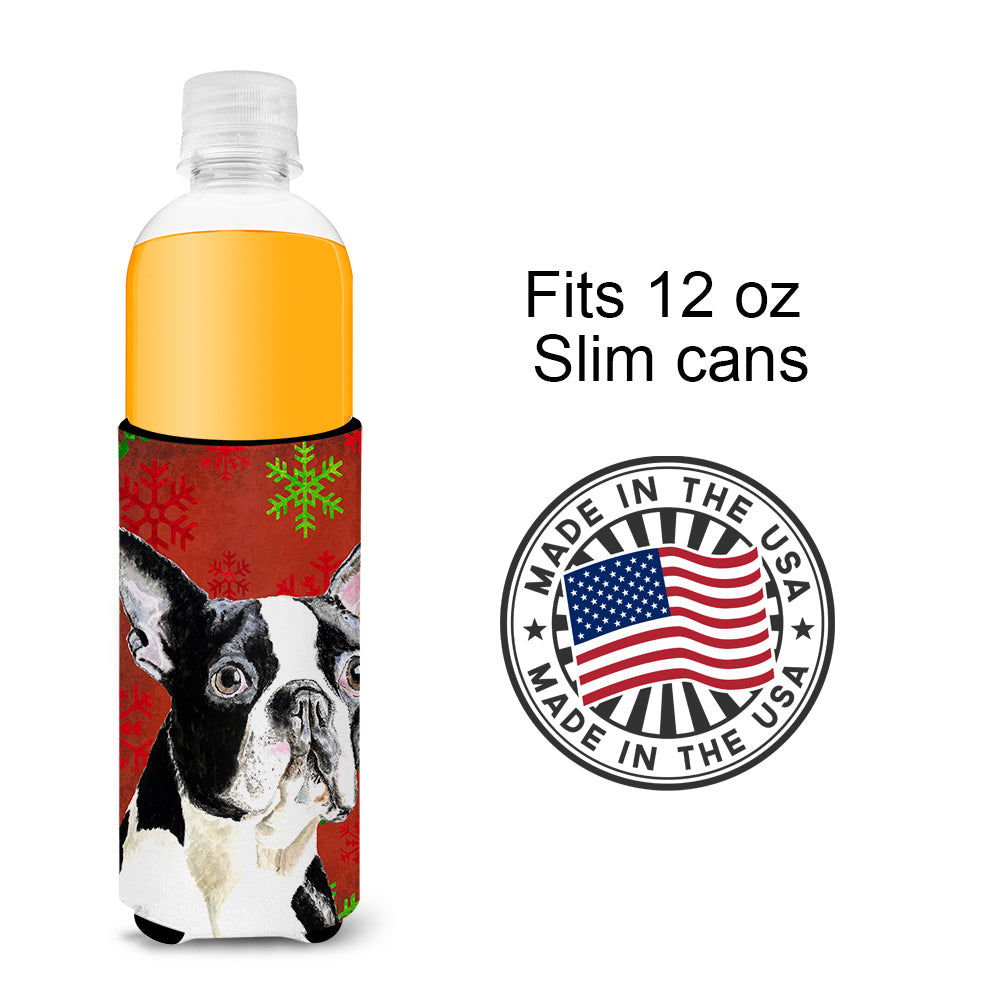 Boston Terrier Red Green Snowflakes Christmas Ultra Beverage Insulators for slim cans SC9400MUK.