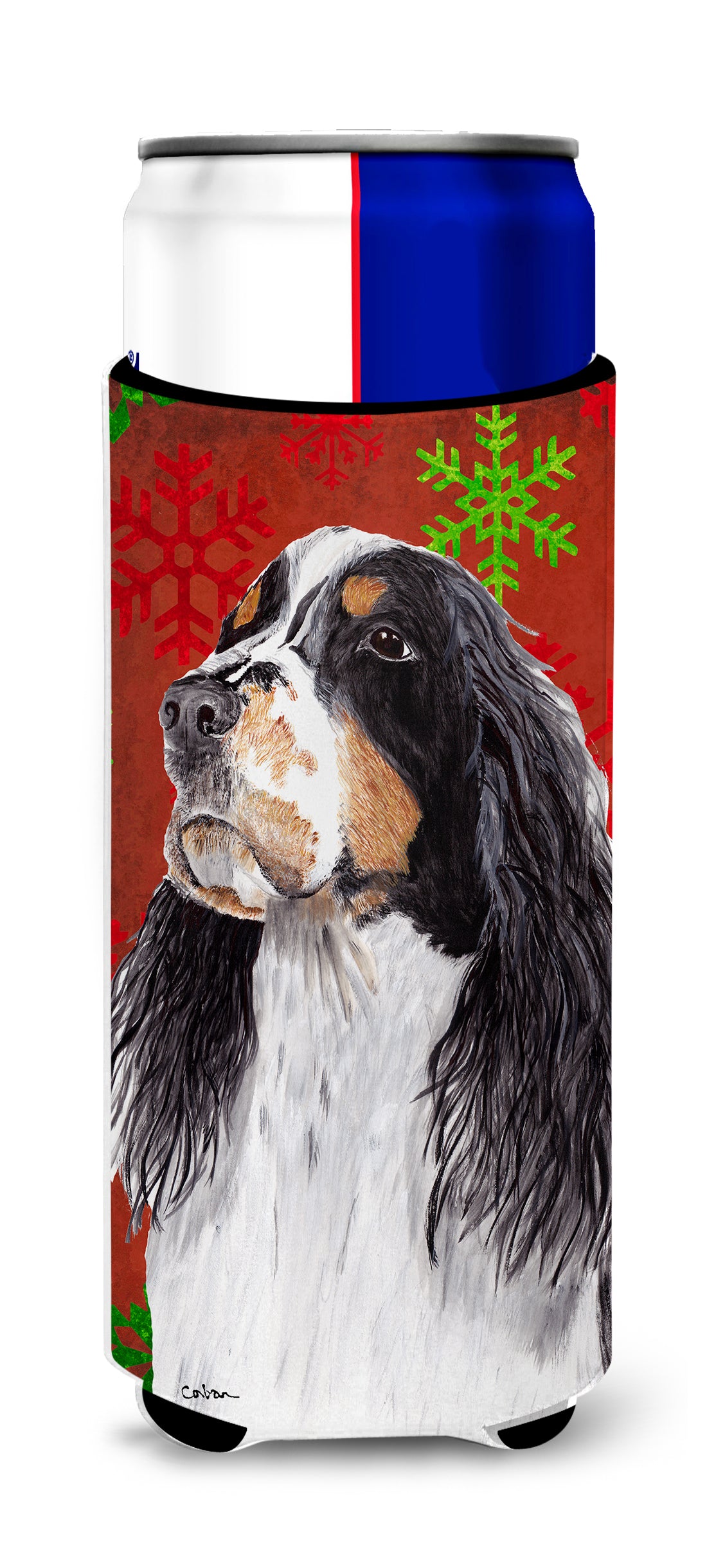 Springer Spaniel Red and Green Snowflakes Holiday Christmas Ultra Beverage Insulators for slim cans SC9401MUK.