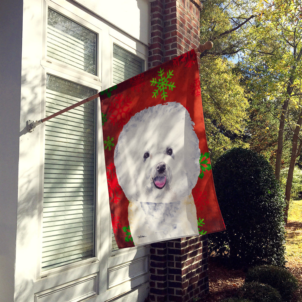 Bichon Frise Red and Green Snowflakes Holiday Christmas Flag Canvas House Size  the-store.com.