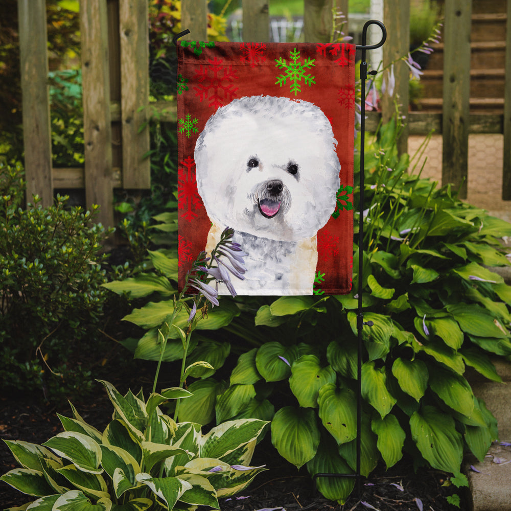 Bichon Frise Red and Green Snowflakes Holiday Christmas Flag Garden Size.