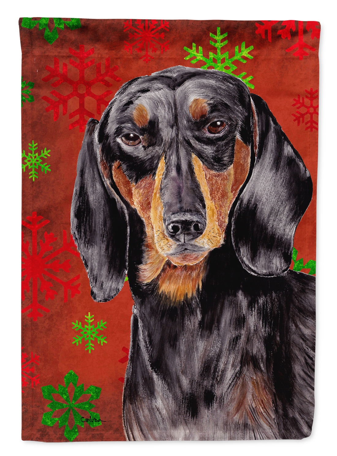 Dachshund Red Green Snowflake Holiday Christmas Flag Canvas House Size  the-store.com.