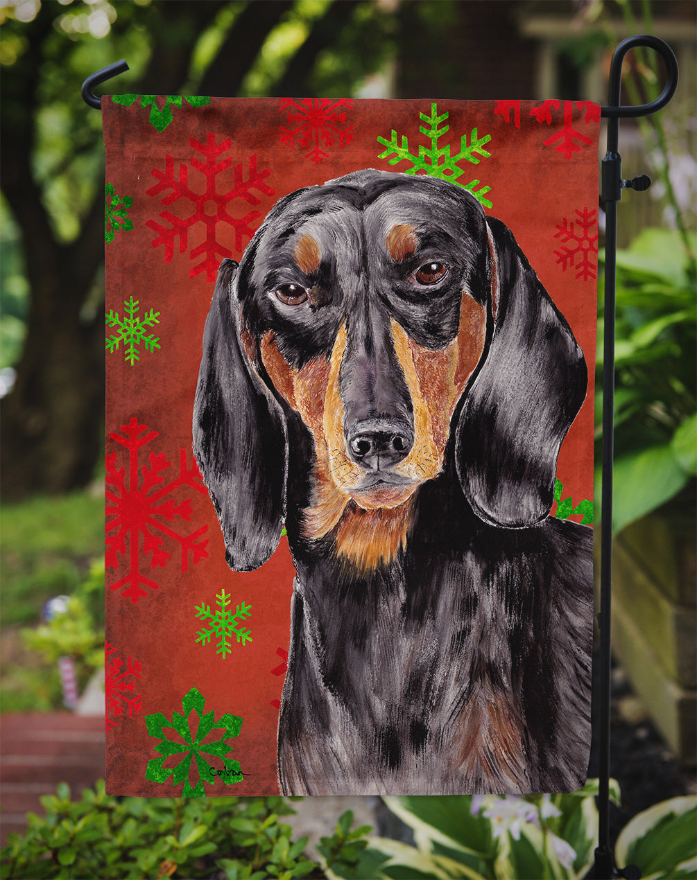 Dachshund Red and Green Snowflakes Holiday Christmas Flag Garden Size.