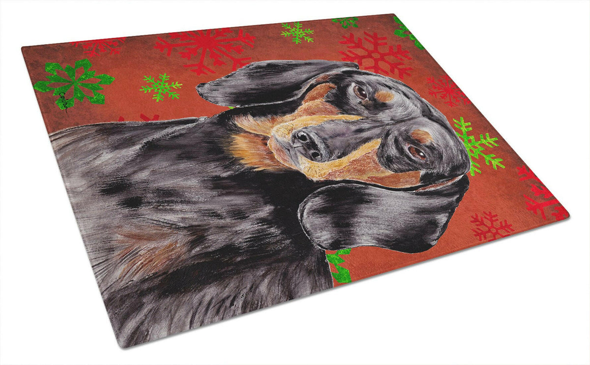 Dachshund Red and Green Snowflakes Holiday Christmas Glass Cutting Board Large by Caroline&#39;s Treasures