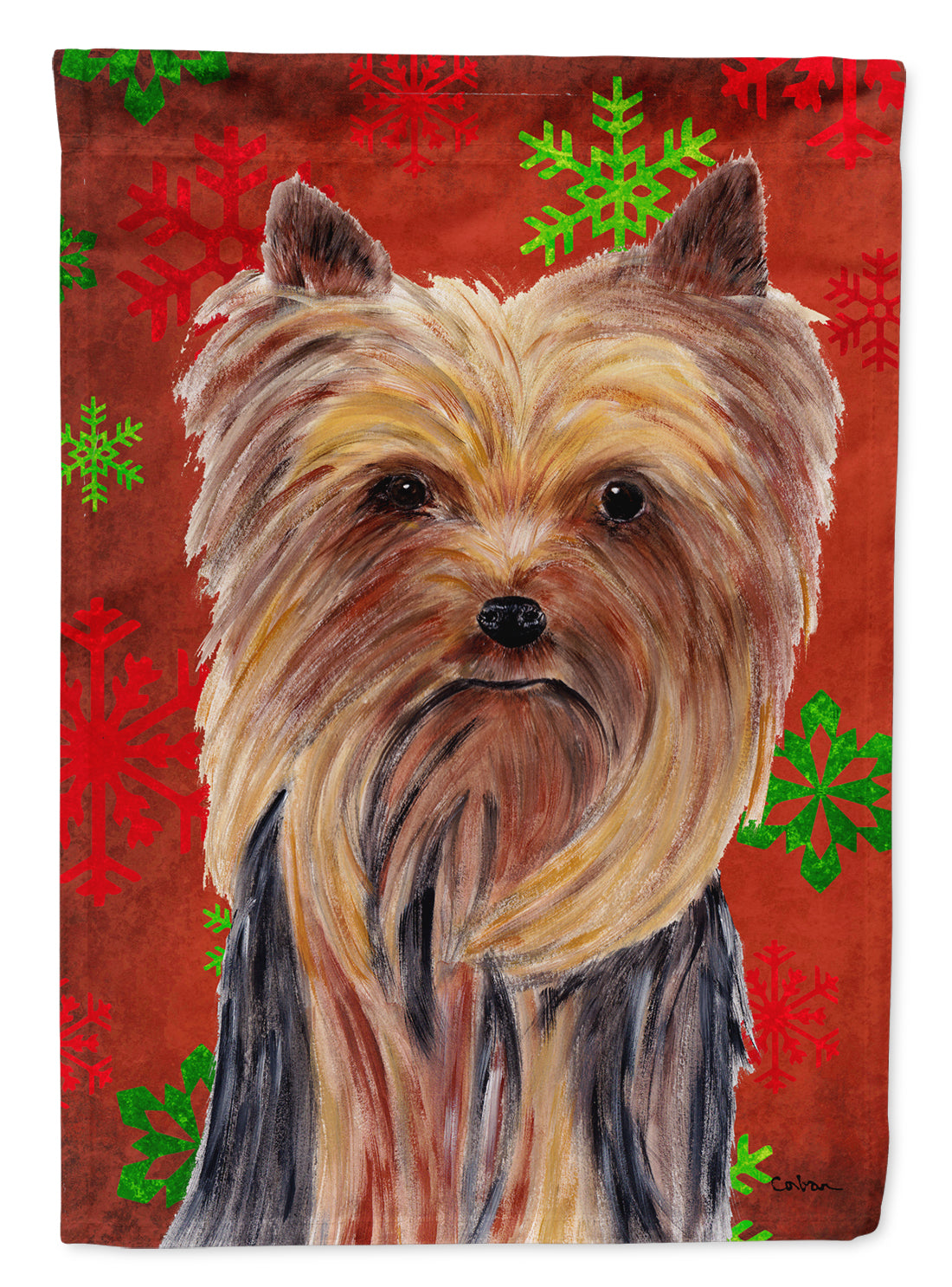 Yorkie Red and Green Snowflakes Holiday Christmas Flag Canvas House Size  the-store.com.