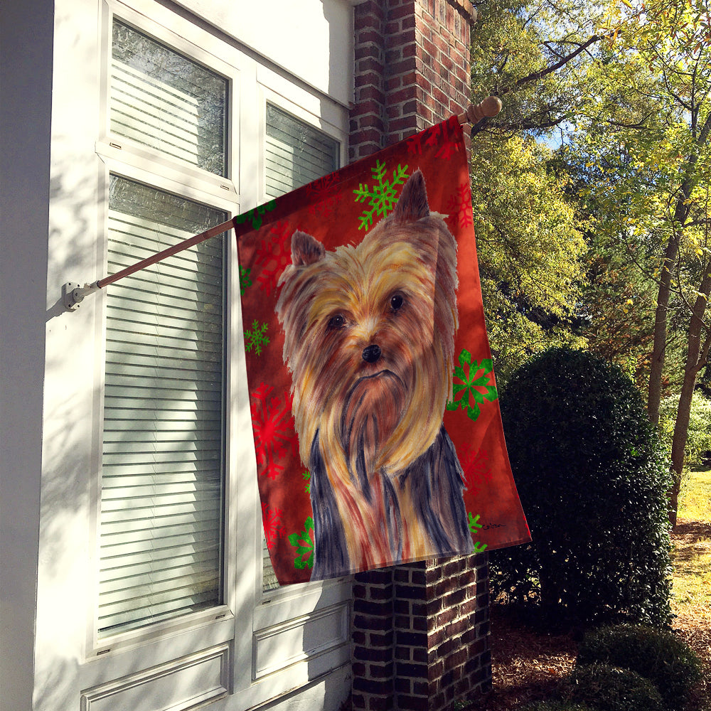 Yorkie Red and Green Snowflakes Holiday Christmas Flag Canvas House Size  the-store.com.