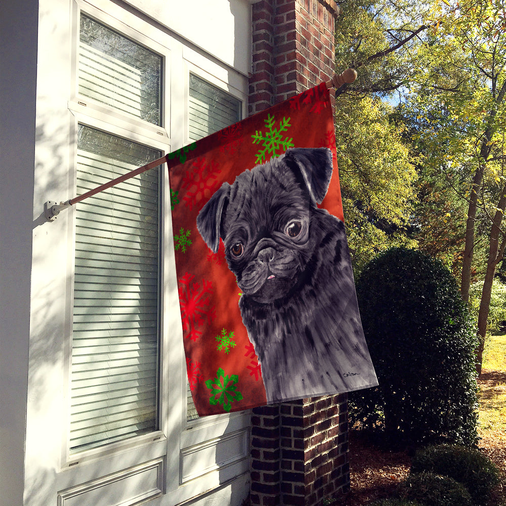 Pug Red and Green Snowflakes Holiday Christmas Flag Canvas House Size  the-store.com.