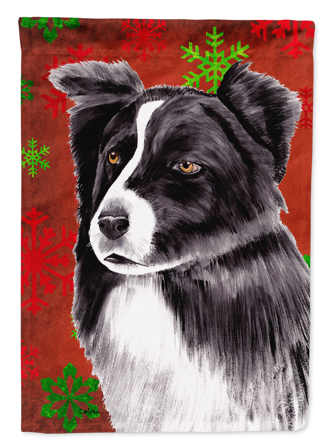 Border Collie Red and Green Snowflakes Holiday Christmas Flag Canvas House Size  the-store.com.