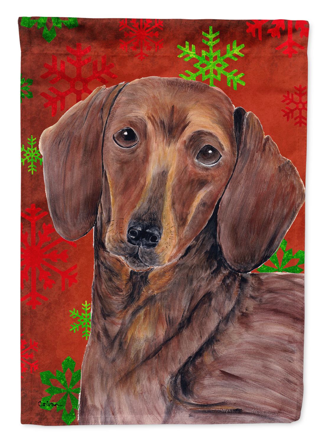 Dachshund Red Green Snowflake Holiday Christmas Flag Canvas House Size  the-store.com.