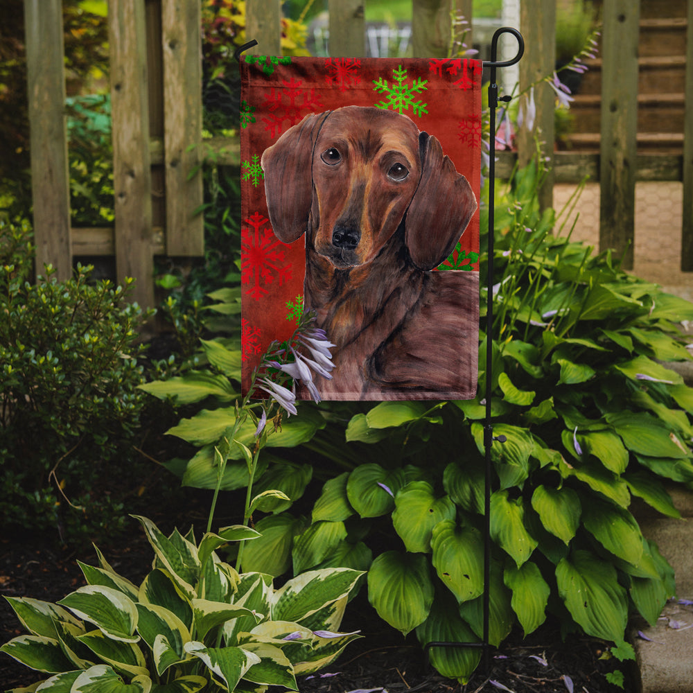 Dachshund Red and Green Snowflakes Holiday Christmas Flag Garden Size.