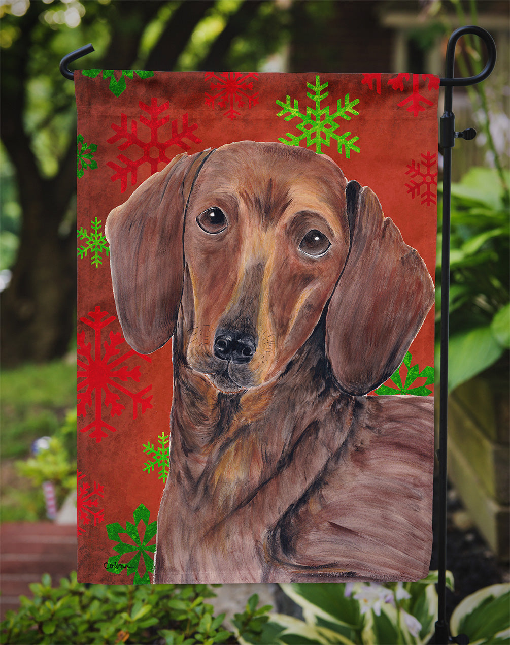 Dachshund Red and Green Snowflakes Holiday Christmas Flag Garden Size.