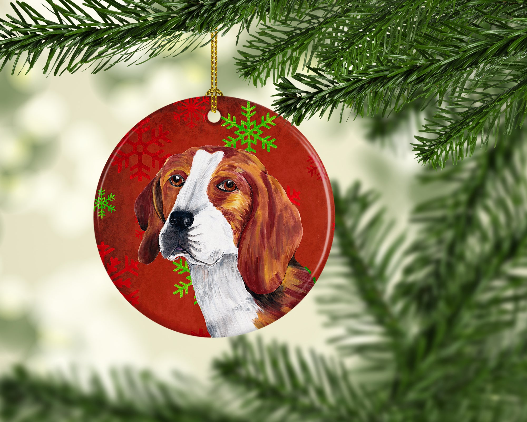 Beagle Red Snowflakes Holiday Christmas Ceramic Ornament SC9409 - the-store.com