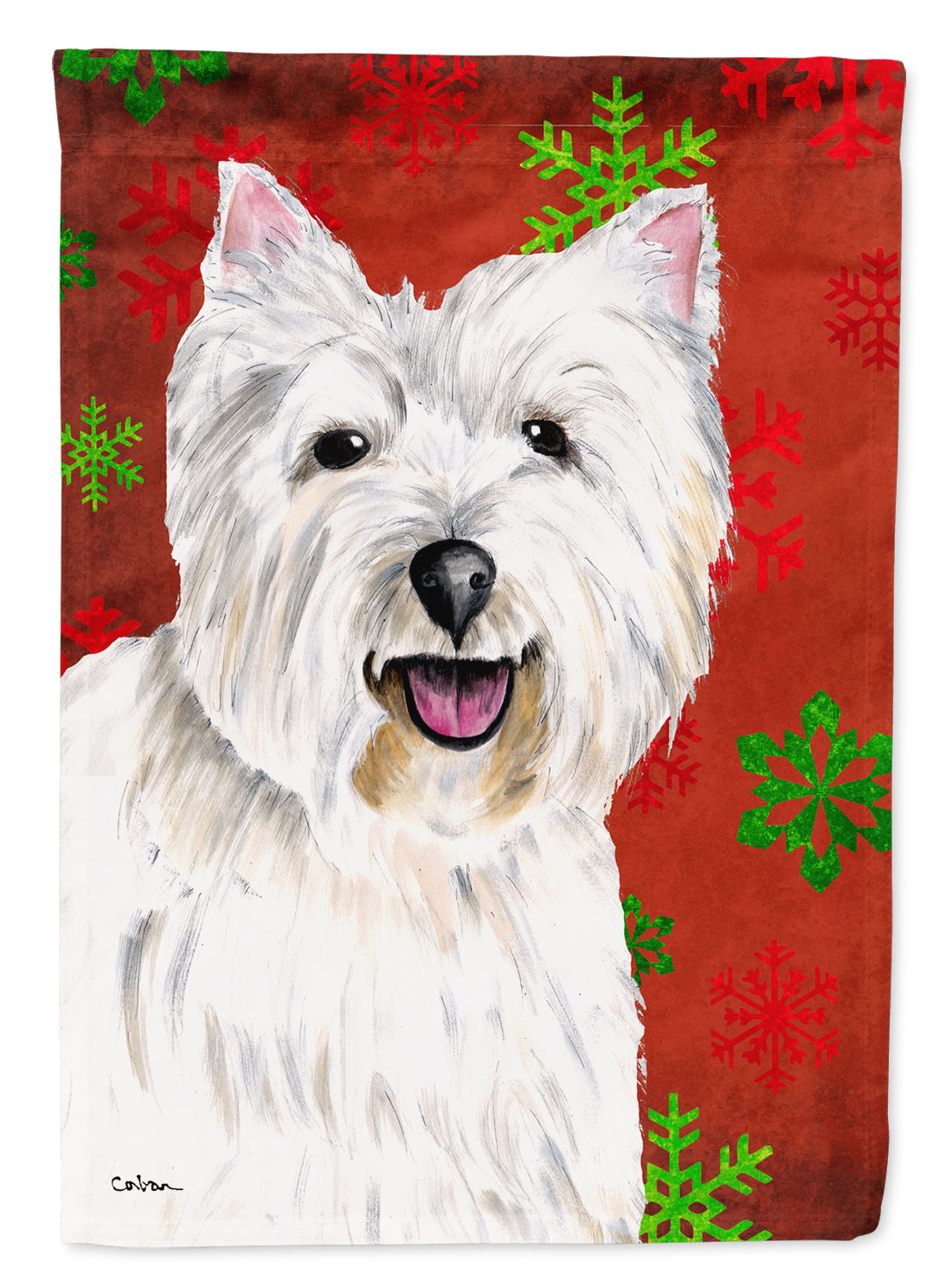 Westie Red and Green Snowflakes Holiday Christmas Flag Canvas House Size  the-store.com.