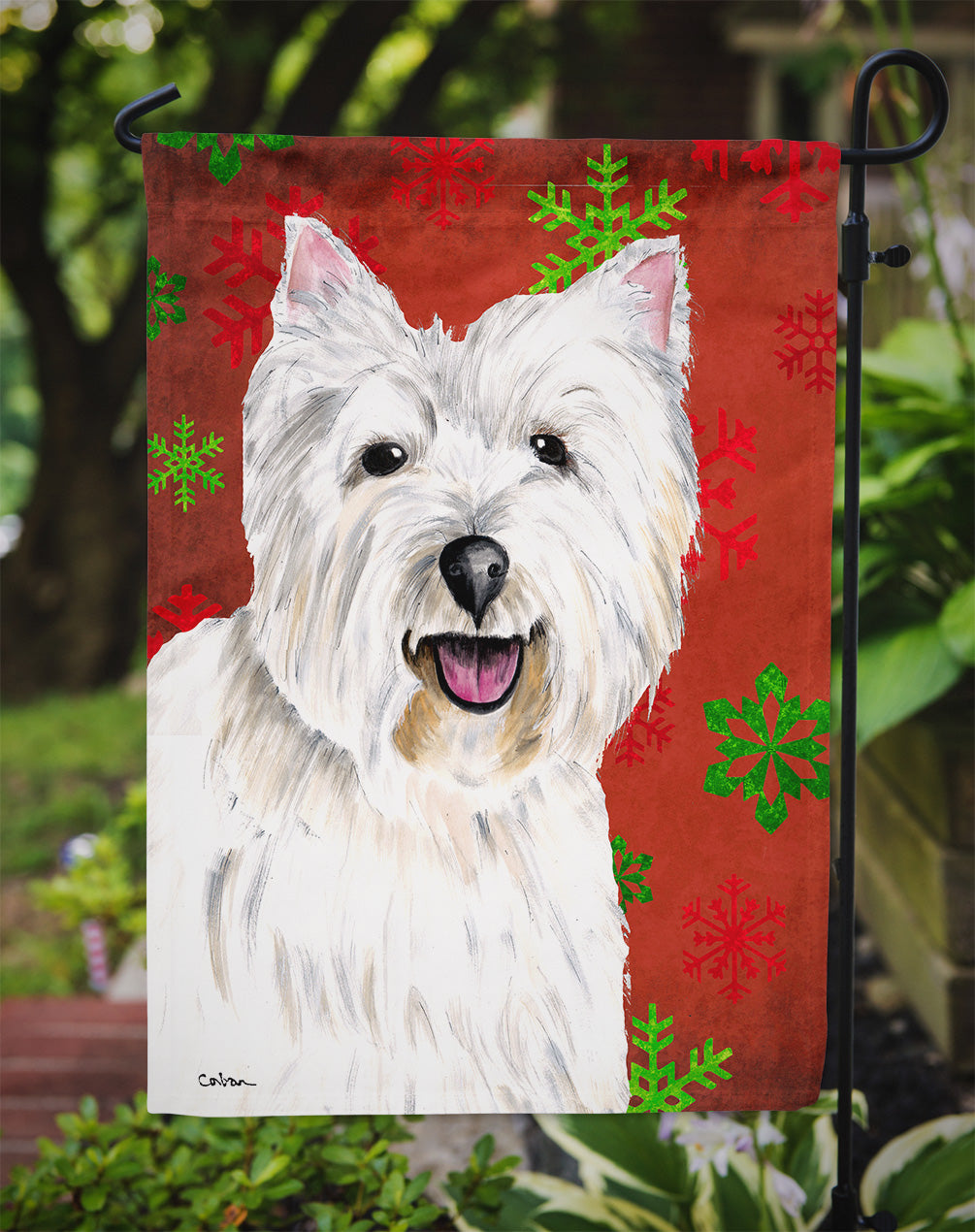 Westie Red and Green Snowflakes Holiday Christmas Flag Garden Size.