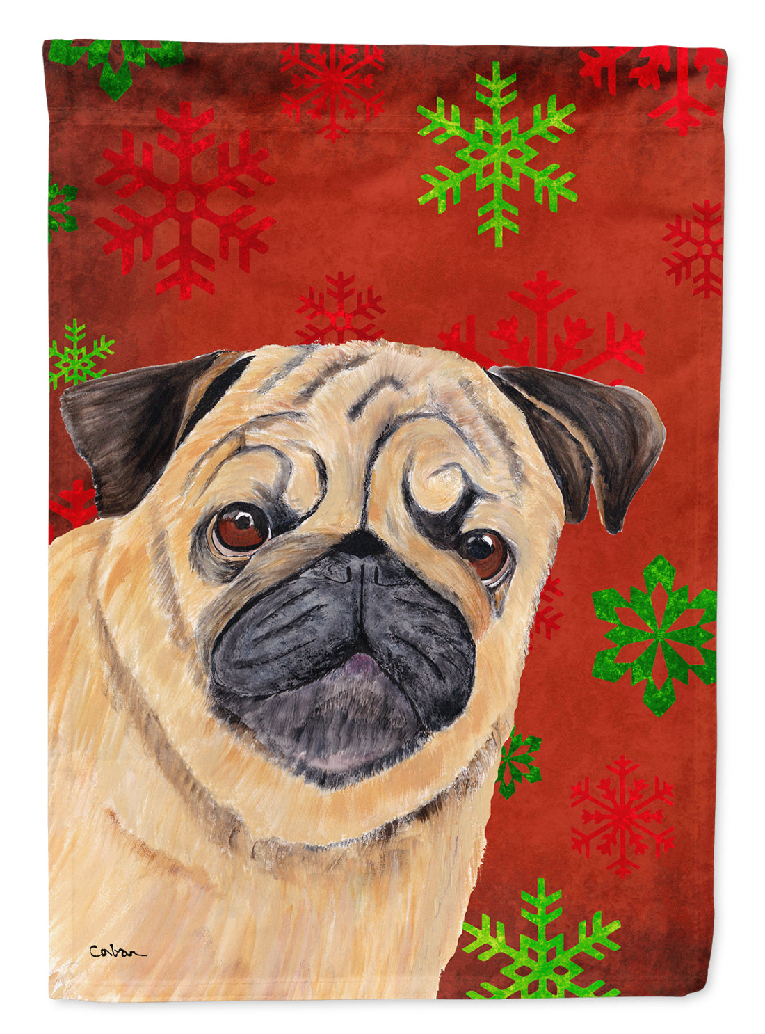 Pug Red and Green Snowflakes Holiday Christmas Flag Canvas House Size  the-store.com.