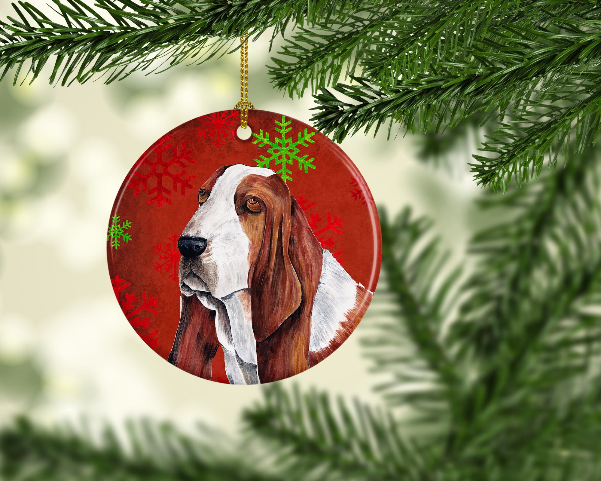 Basset Hound Red Snowflakes Holiday Christmas Ceramic Ornament SC9412 - the-store.com