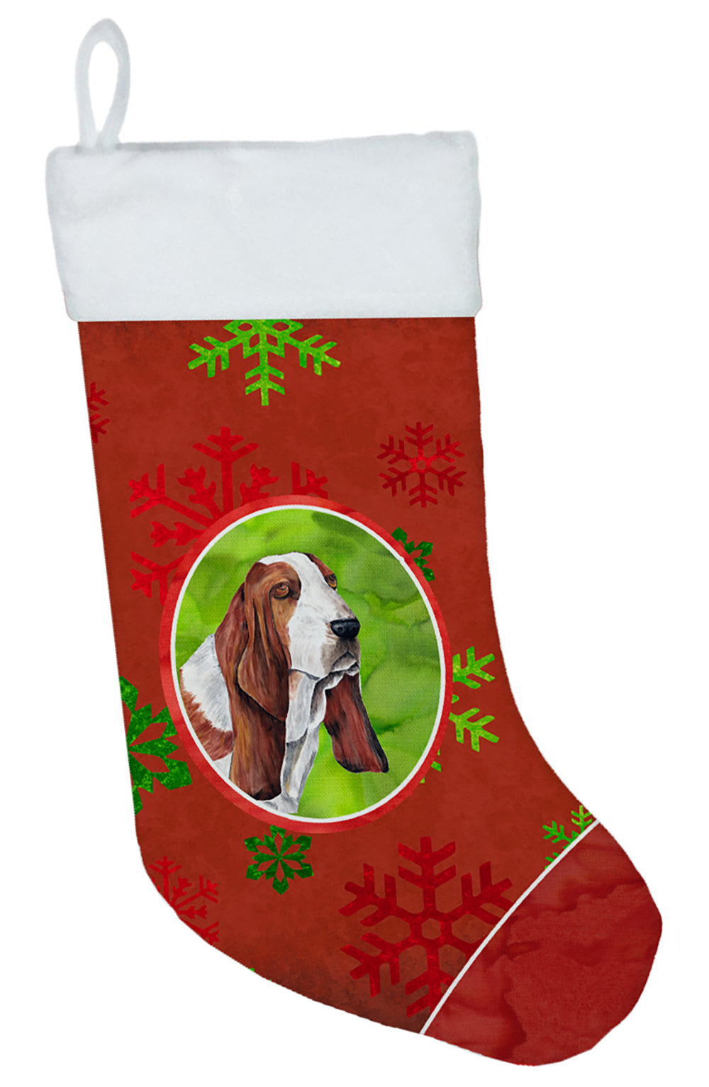 Basset Hound Red and Green Snowflakes Holiday  Christmas Stocking  the-store.com.