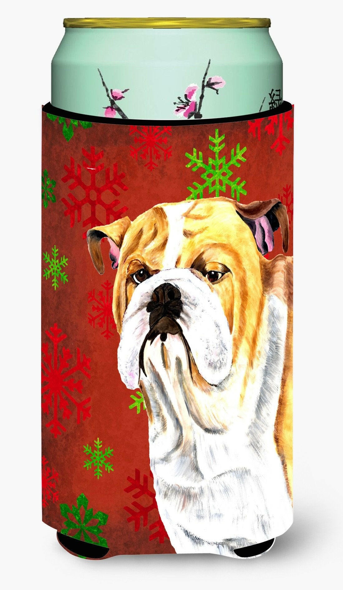 Bulldog English  Snowflakes Holiday Christmas  Tall Boy Beverage Insulator Beverage Insulator Hugger by Caroline&#39;s Treasures