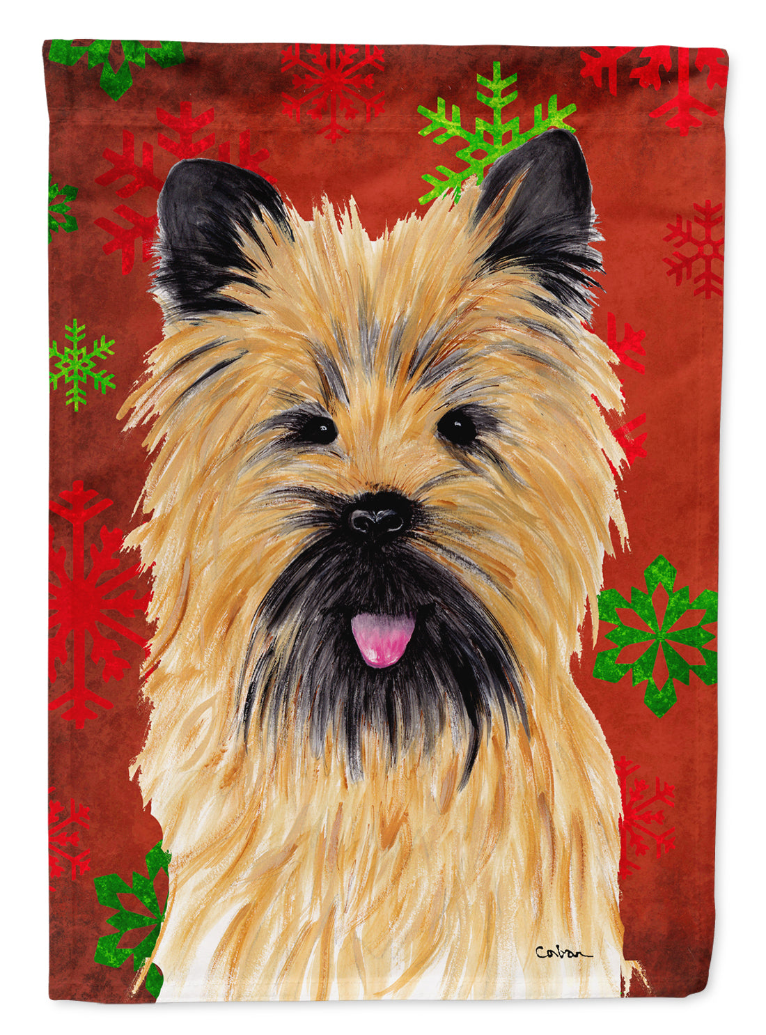 Cairn Terrier Red and Green Snowflakes Holiday Christmas Flag Canvas House Size  the-store.com.