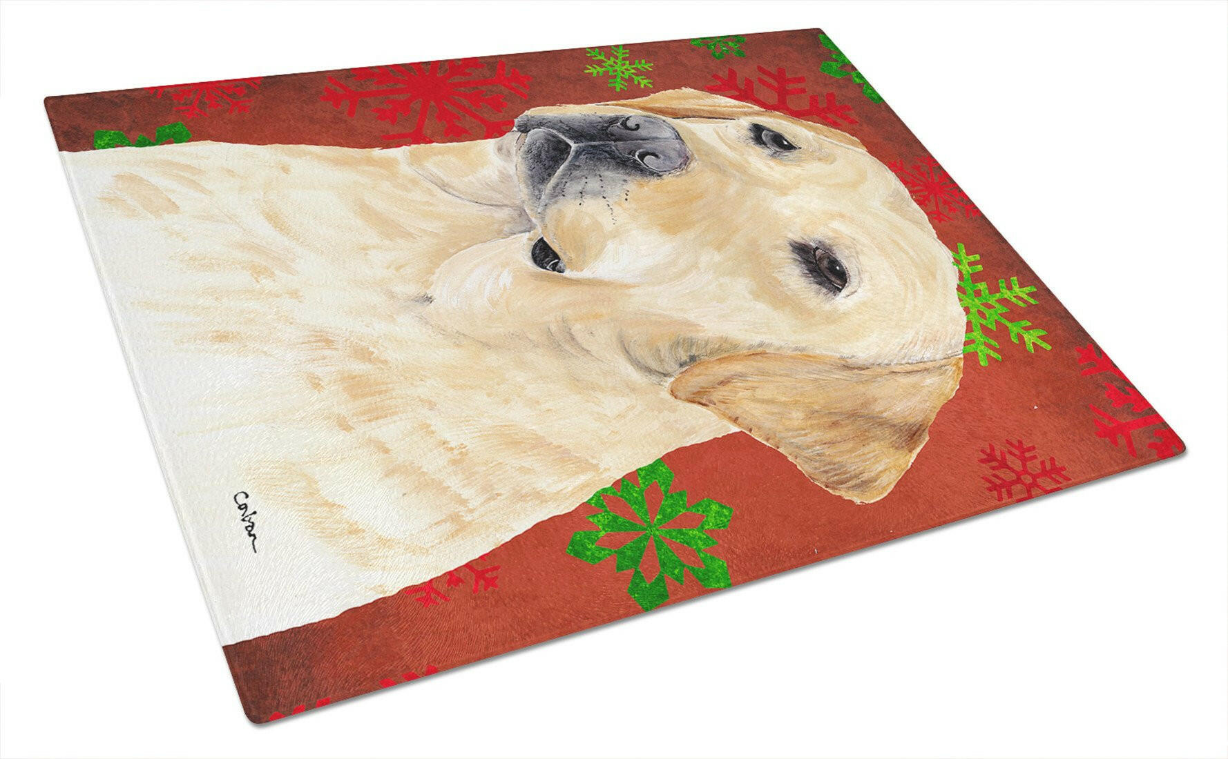 Labrador Red and Green Snowflakes Holiday Christmas Glass Cutting Board Large by Caroline's Treasures