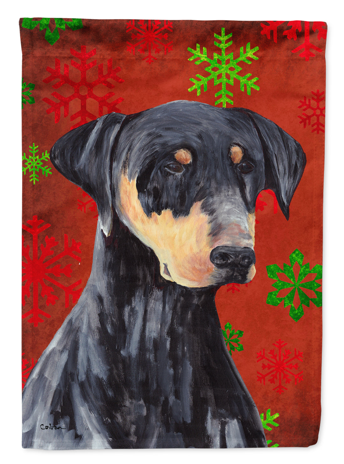 Doberman Red and Green Snowflakes Holiday Christmas Flag Canvas House Size  the-store.com.