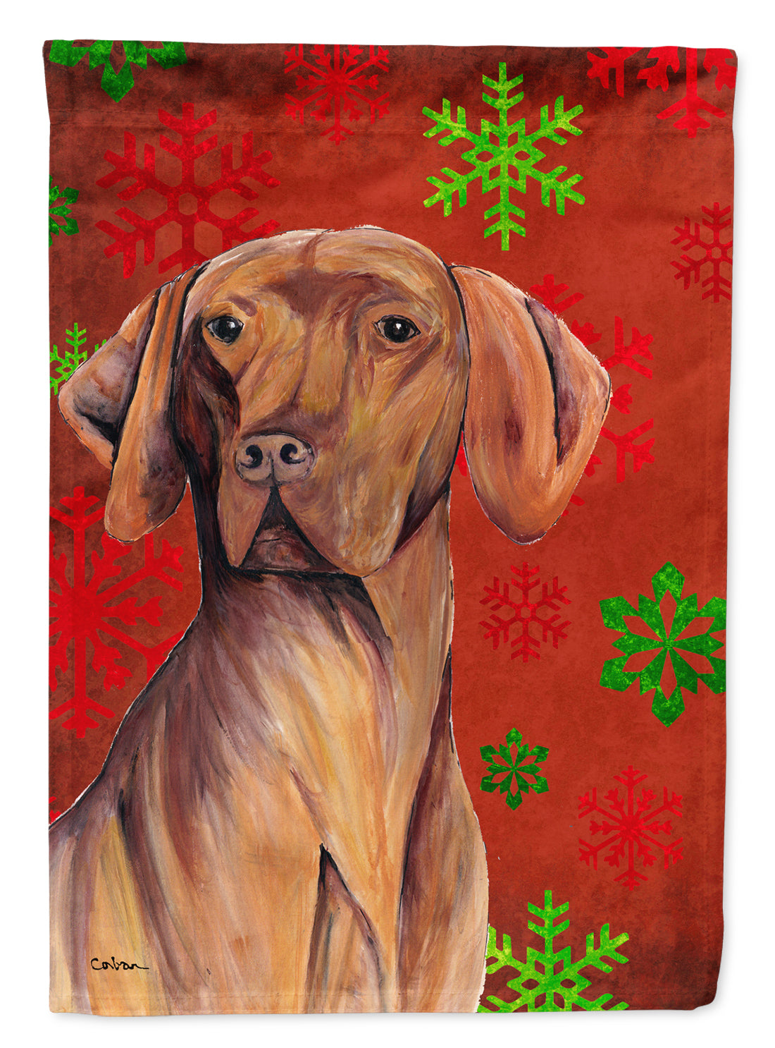 Vizsla Red and Green Snowflakes Holiday Christmas Flag Garden Size.