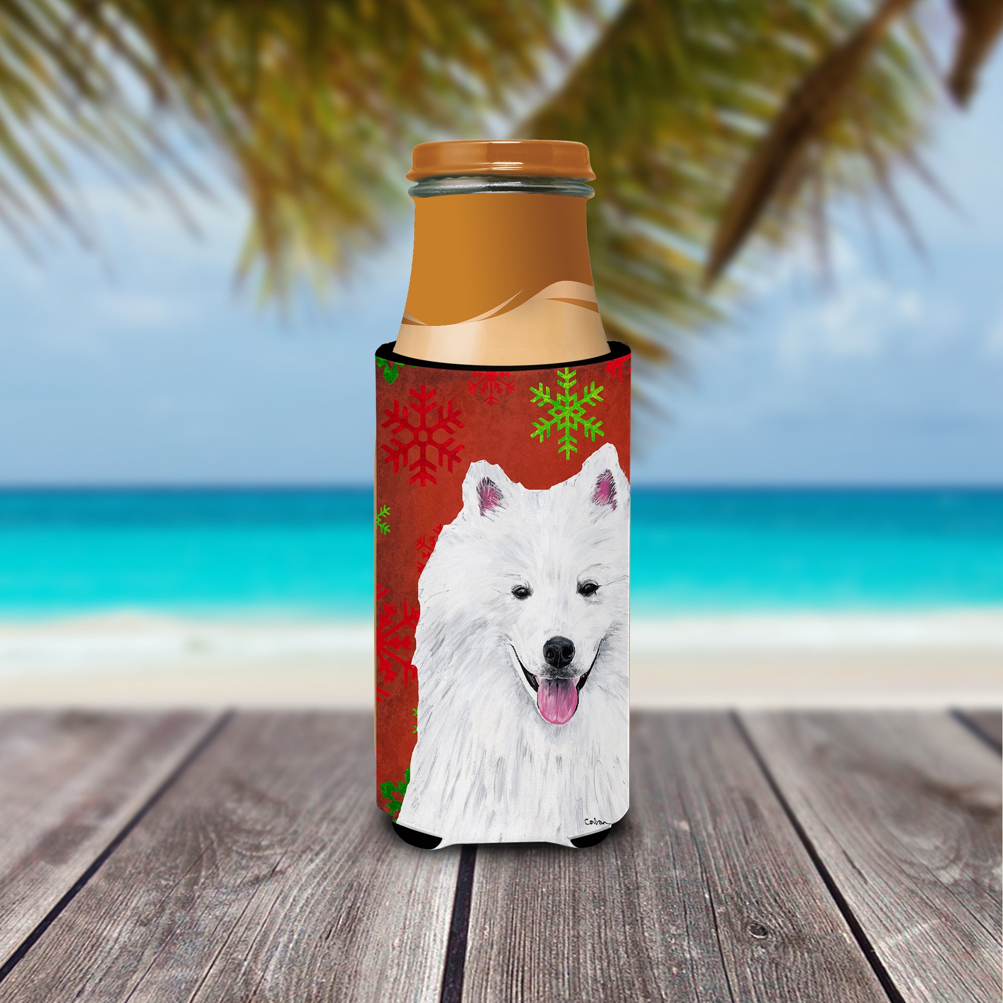 American Eskimo Red and Green Snowflakes Holiday Christmas Ultra Beverage Insulators for slim cans SC9419MUK.