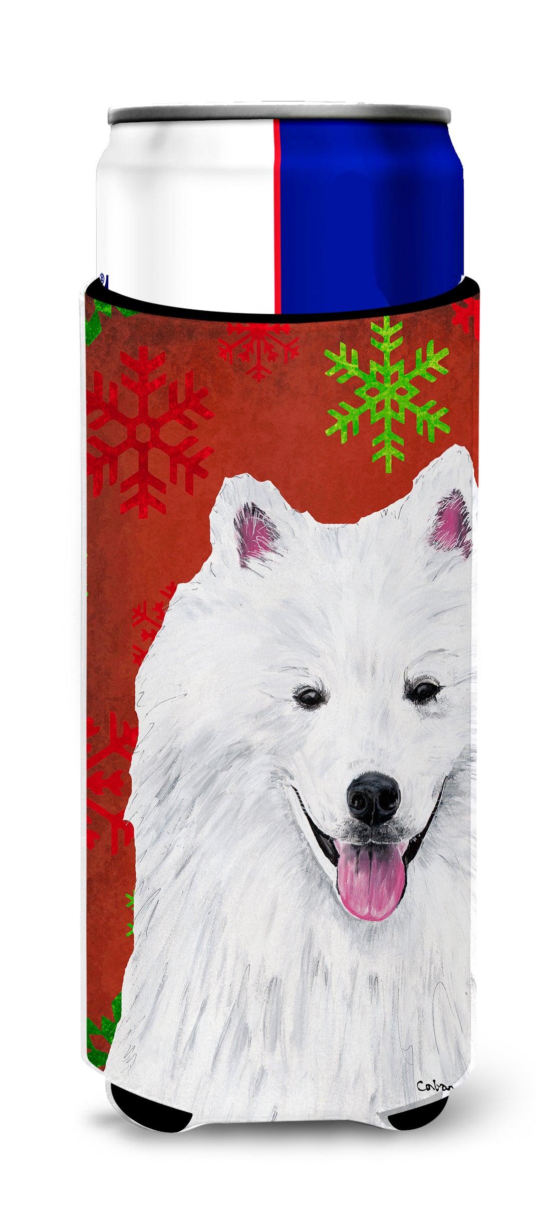 American Eskimo Red and Green Snowflakes Holiday Christmas Ultra Beverage Insulators for slim cans SC9419MUK.