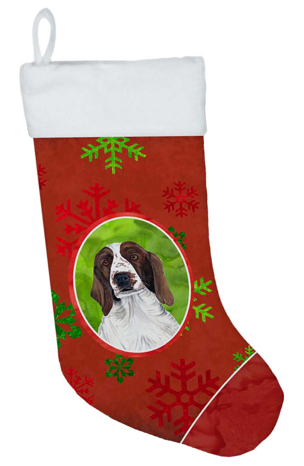 Welsh Springer Spaniel Red and Green Snowflakes Holiday  Christmas Stocking  the-store.com.