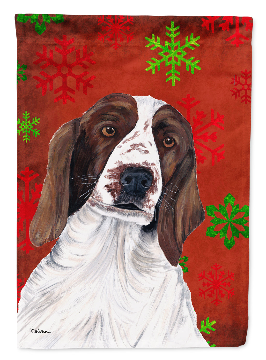 Welsh Springer Spaniel Red  Green Snowflakes Holiday Christmas Flag Garden Size.