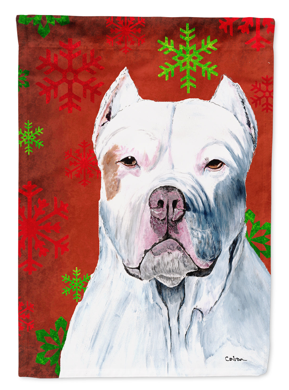 Pit Bull Red and Green Snowflakes Holiday Christmas Flag Canvas House Size  the-store.com.