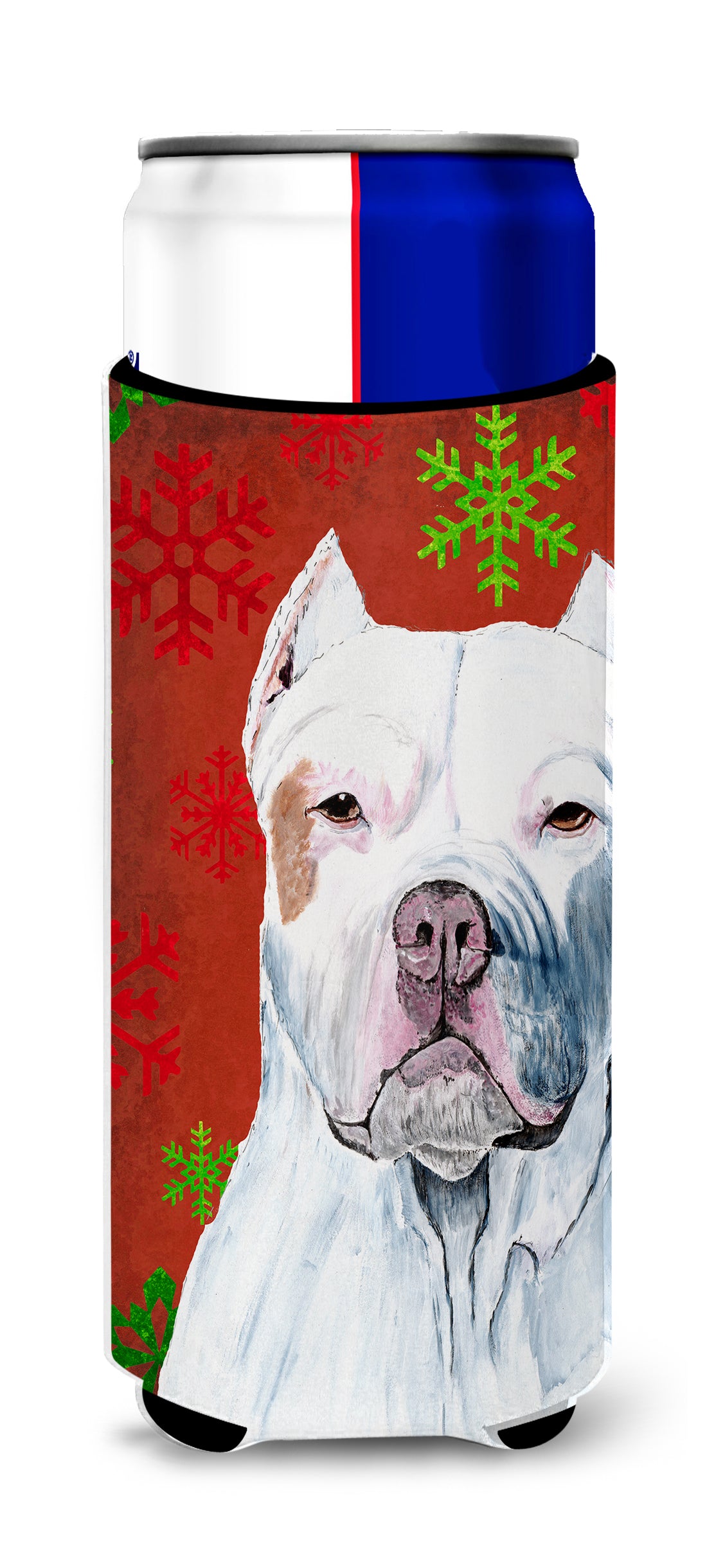 Pit Bull Red and Green Snowflakes Holiday Christmas Ultra Beverage Insulators for slim cans SC9421MUK.