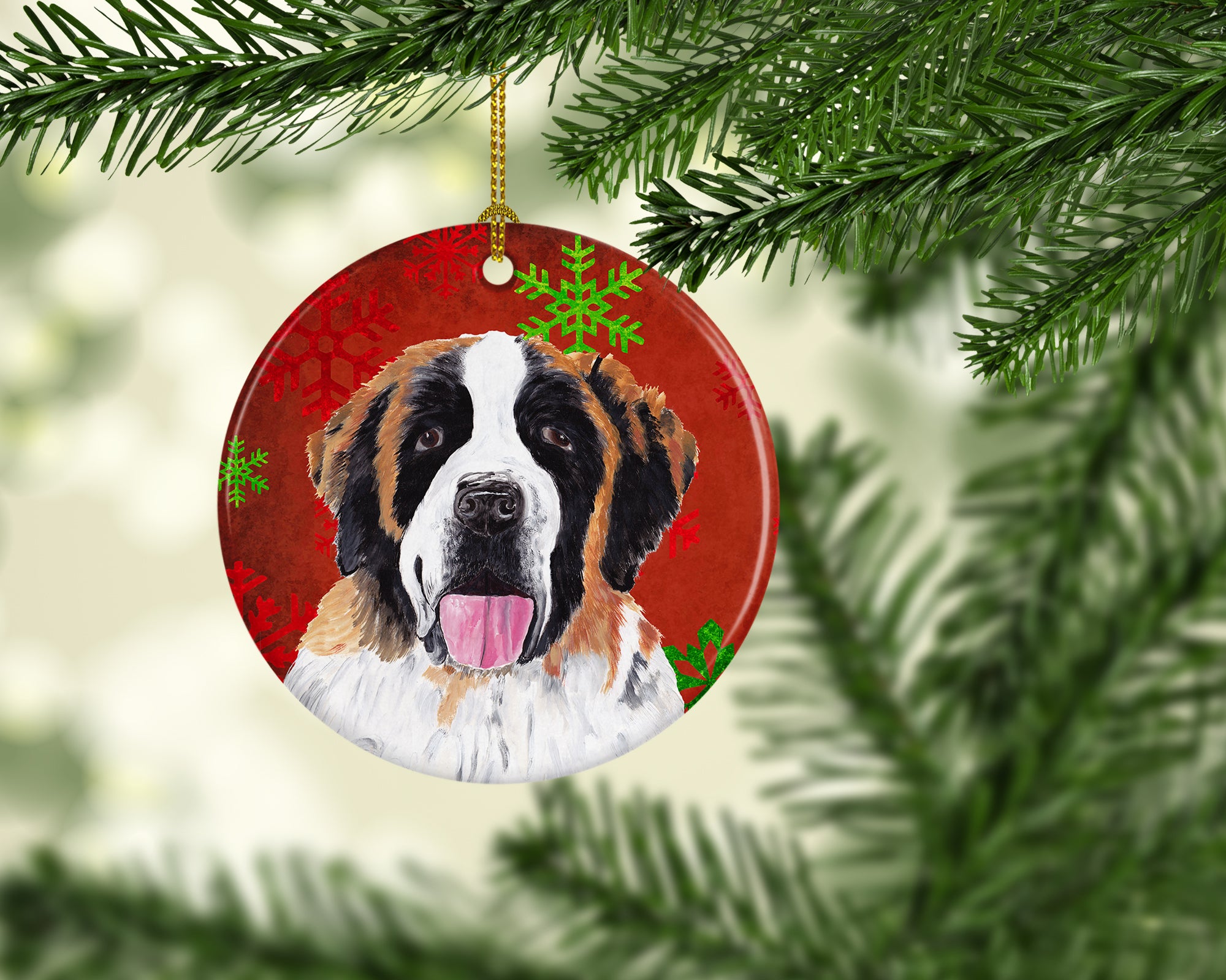 Saint Bernard Red Snowflakes Holiday Christmas Ceramic Ornament SC9422 - the-store.com