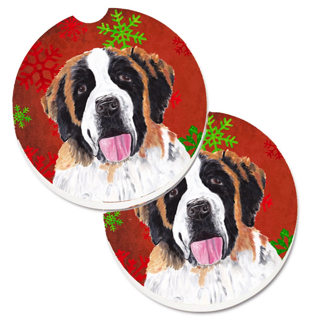 Saint Bernard Red Green Snowflake Christmas Set of 2 Cup Holder Car Coasters SC9422CARC by Caroline's Treasures