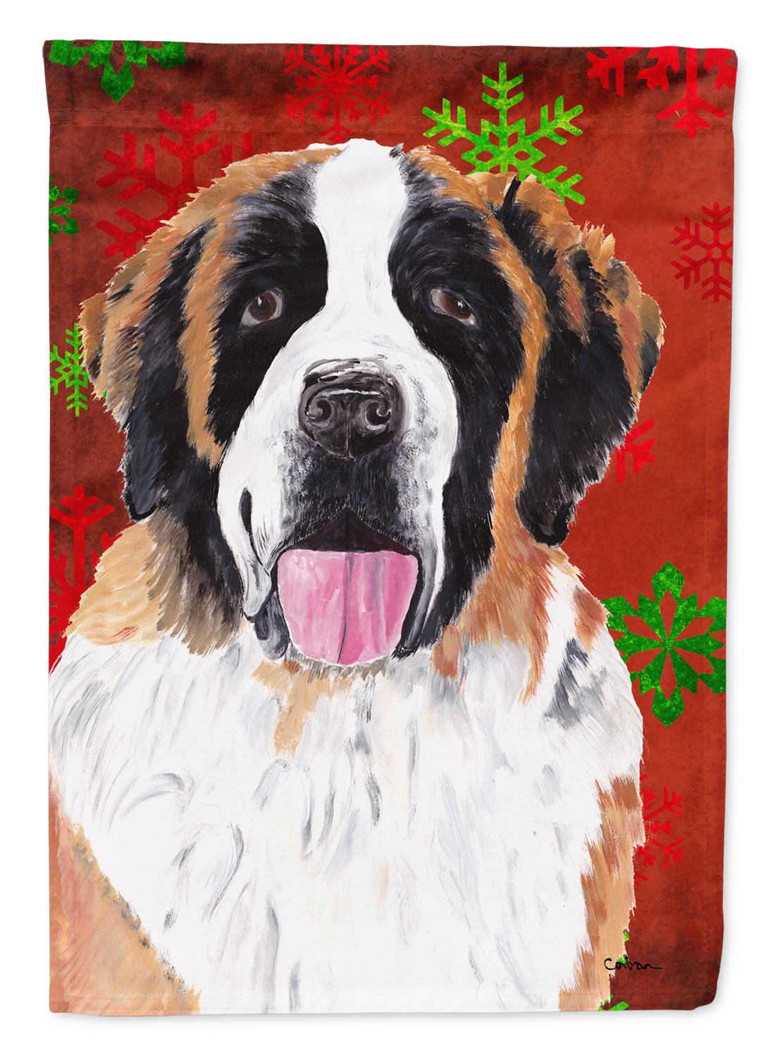 Saint Bernard Red Green Snowflake Christmas Flag Garden Size.