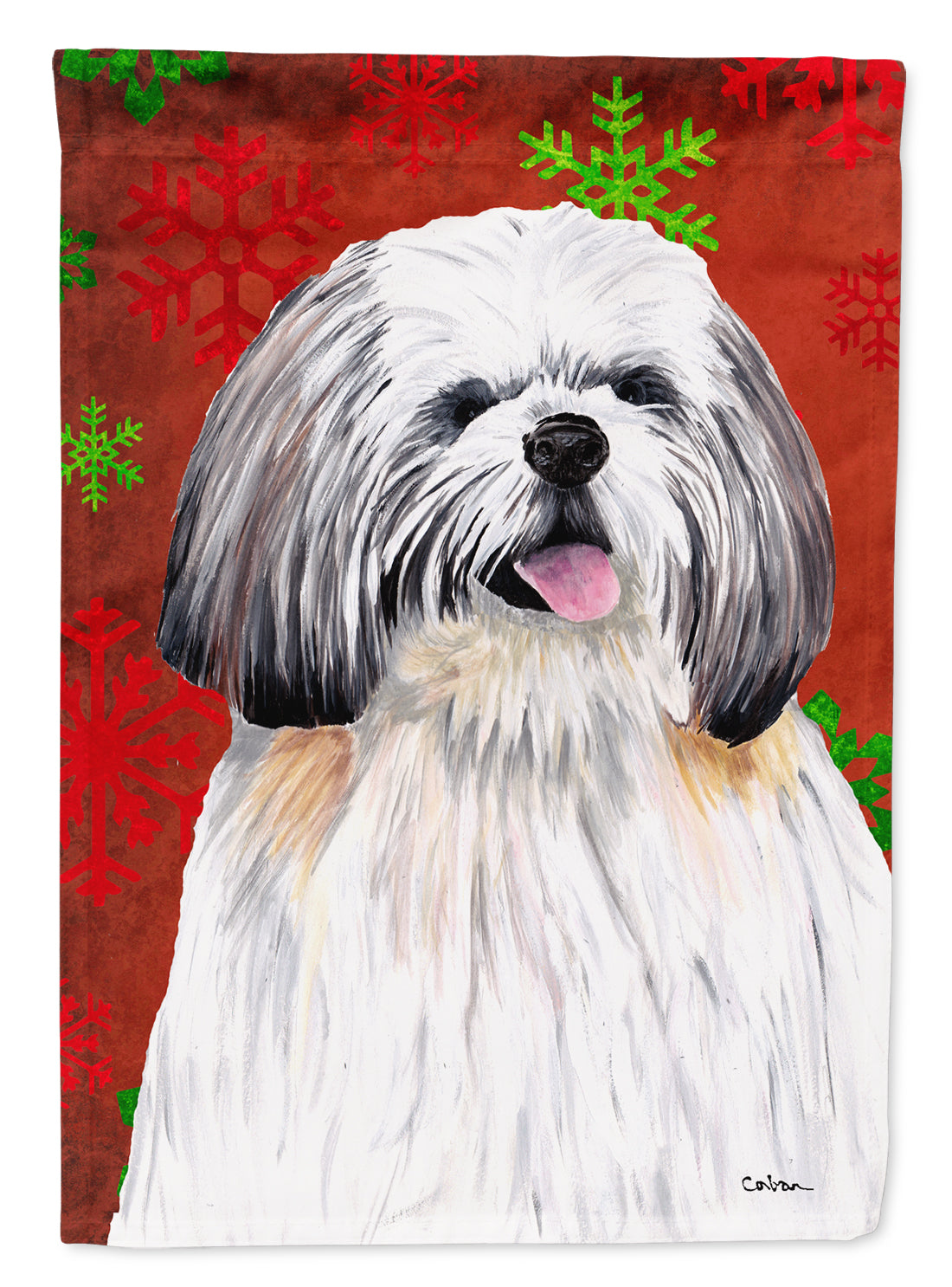 Shih Tzu Red and Green Snowflakes Holiday Christmas Flag Canvas House Size  the-store.com.