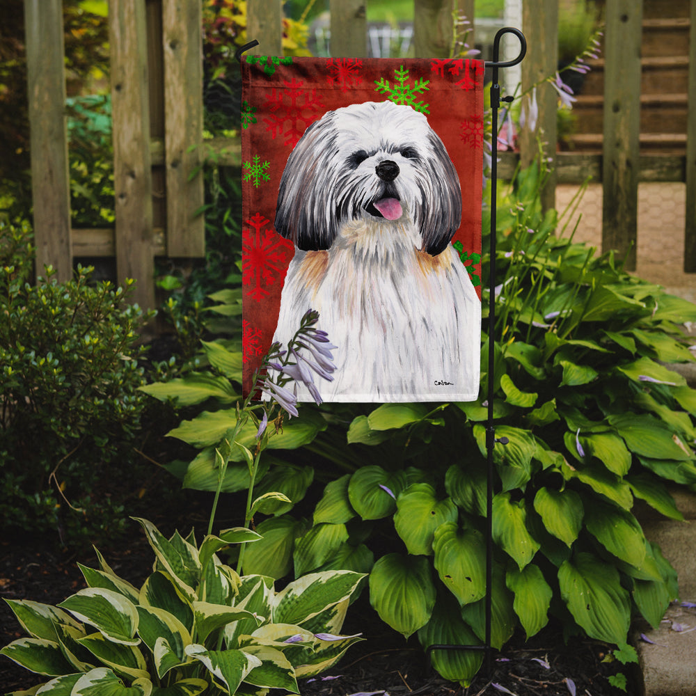 Shih Tzu Red and Green Snowflakes Holiday Christmas Flag Garden Size.