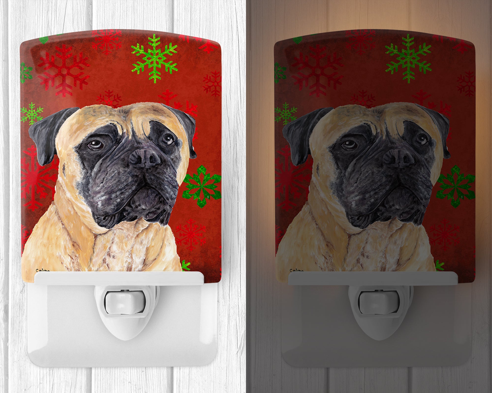 Mastiff Red and Green Snowflakes Holiday Christmas Ceramic Night Light SC9425CNL - the-store.com