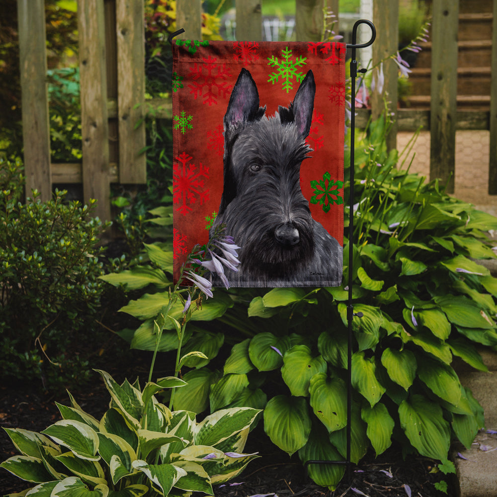 Scottish Terrier Red and Green Snowflakes Holiday Christmas Flag Garden Size.