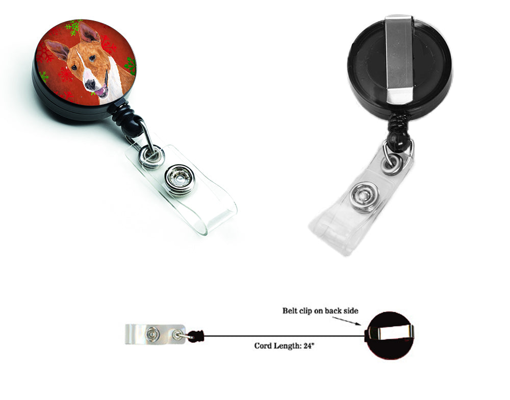 Basenji Red and Green Snowflakes Holiday Christmas Retractable Badge Reel SC9427BR  the-store.com.