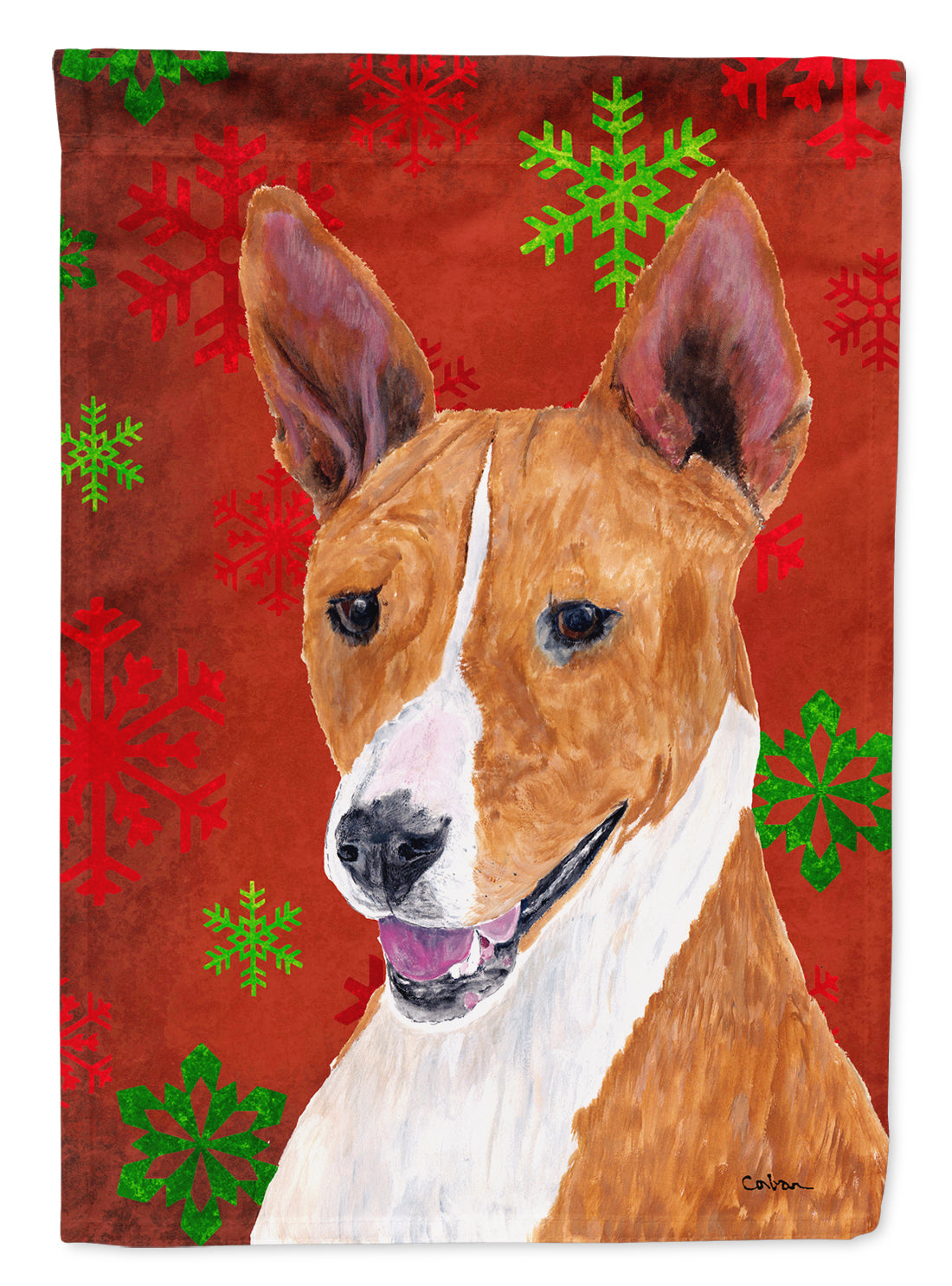 Basenji Red and Green Snowflakes Holiday Christmas Flag Canvas House Size  the-store.com.