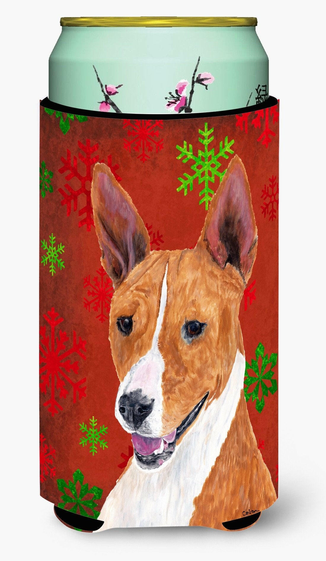 Basenji Red and Green Snowflakes Holiday Christmas  Tall Boy Beverage Insulator Beverage Insulator Hugger by Caroline&#39;s Treasures