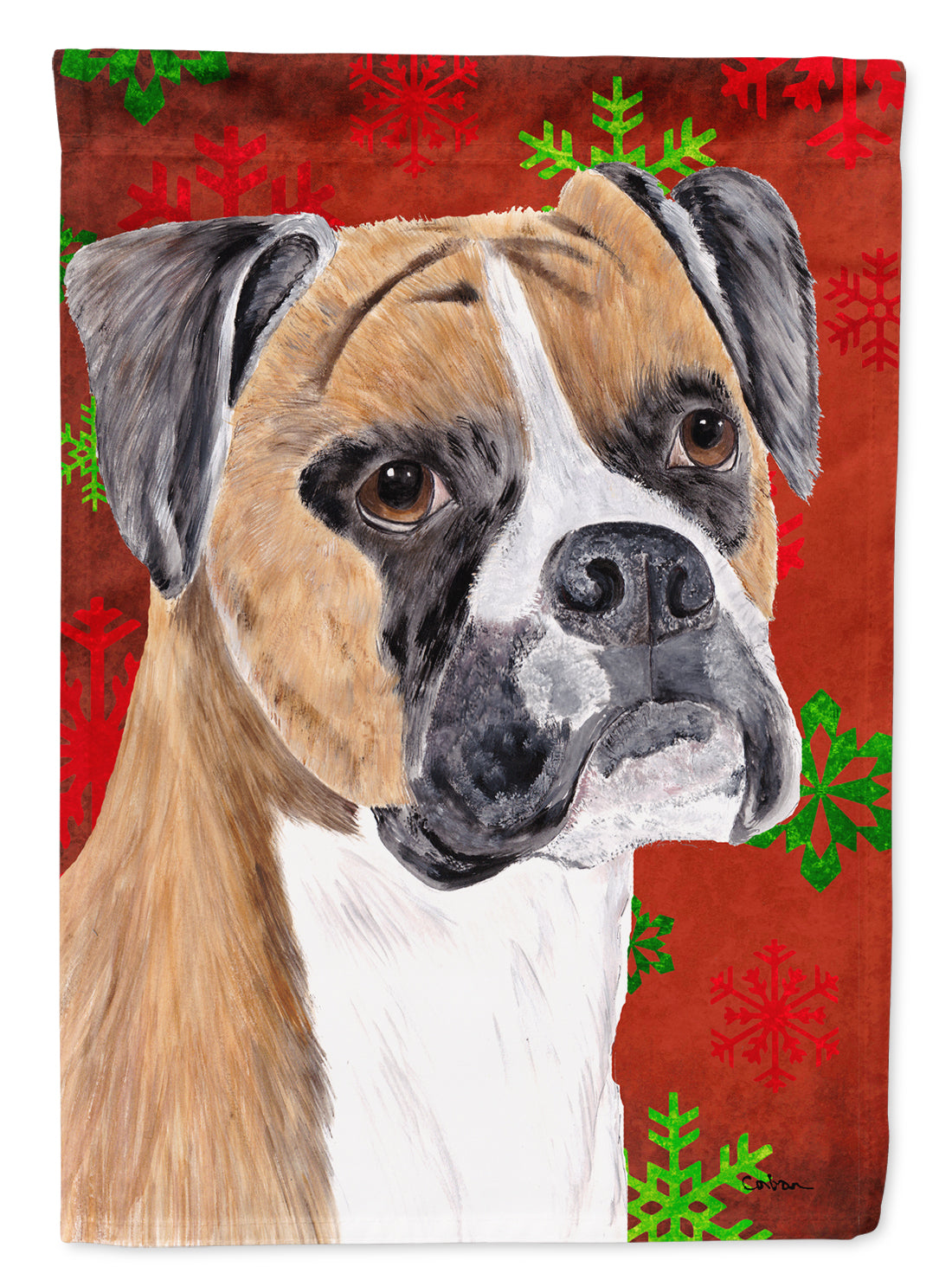 Boxer Red and Green Snowflakes Holiday Christmas Flag Canvas House Size  the-store.com.