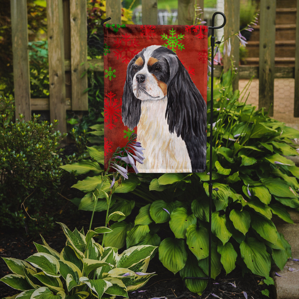 Cavalier Spaniel Red and Green Snowflakes Holiday Christmas Flag Garden Size.