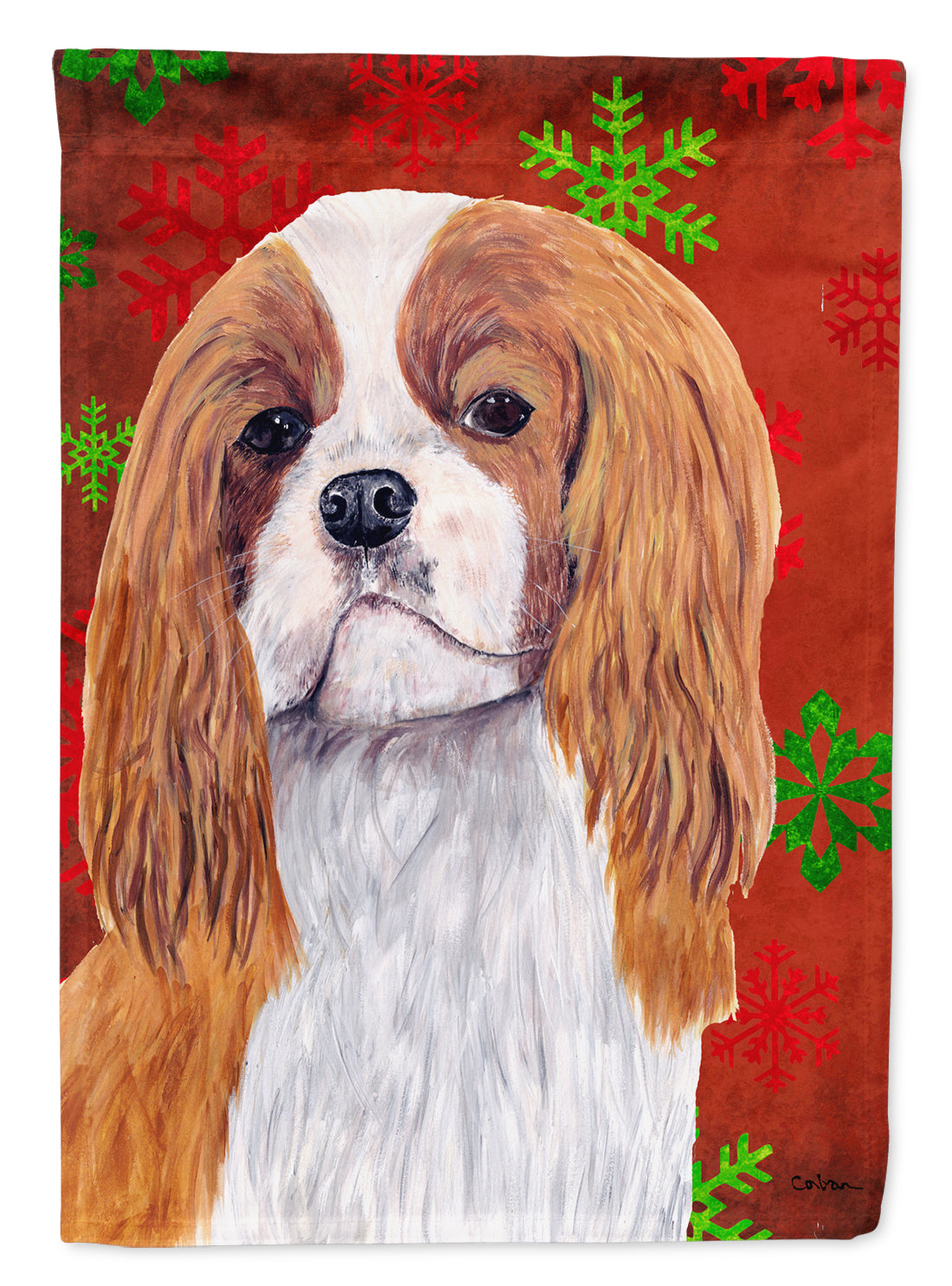 Cavalier Spaniel Red  Green Snowflakes Holiday Christmas Flag Canvas House Size  the-store.com.