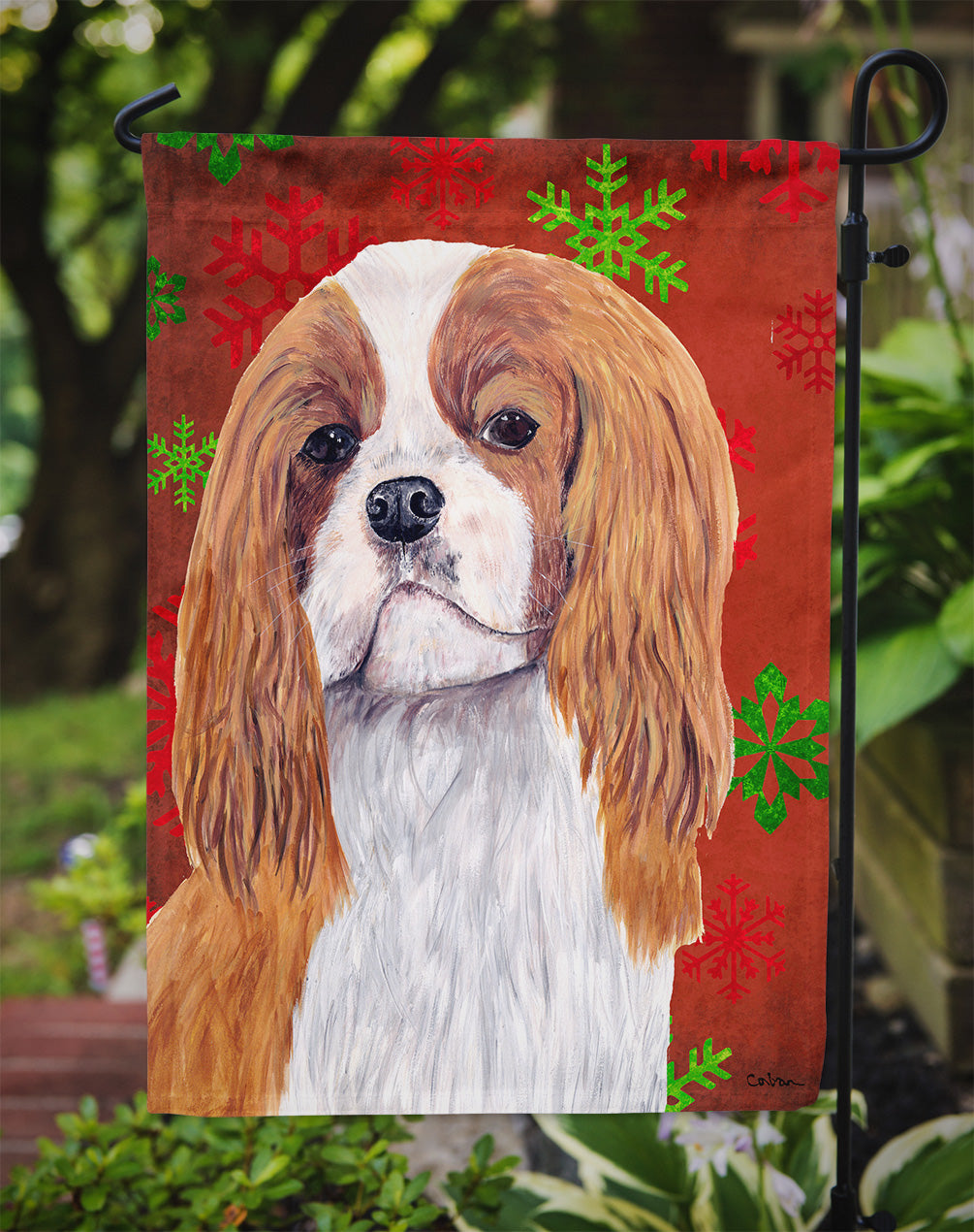 Cavalier Spaniel Red and Green Snowflakes Holiday Christmas Flag Garden Size.