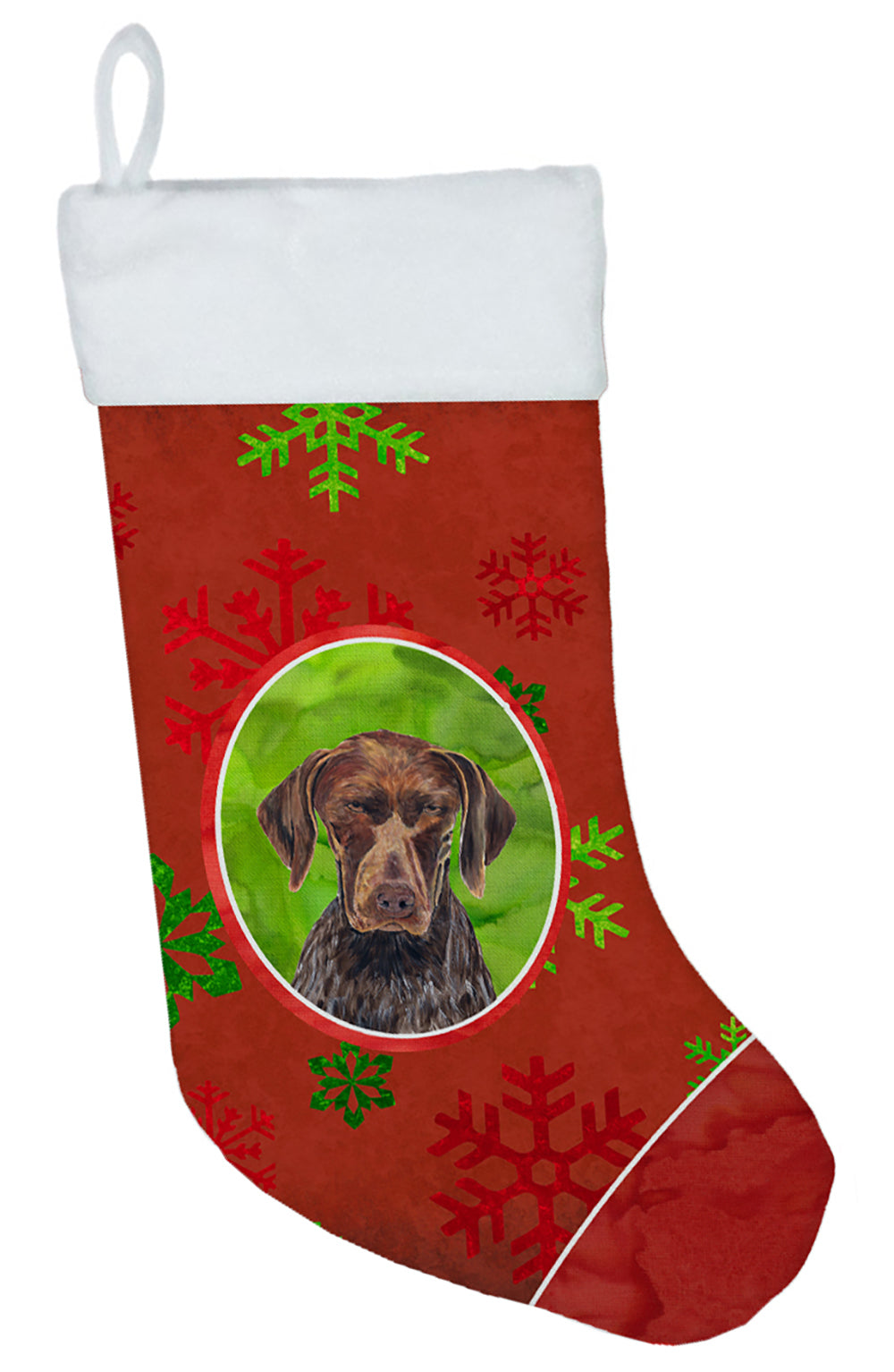 German Shorthaired Pointer Red and Green Snowflakes Holiday Christmas Stocking  the-store.com.