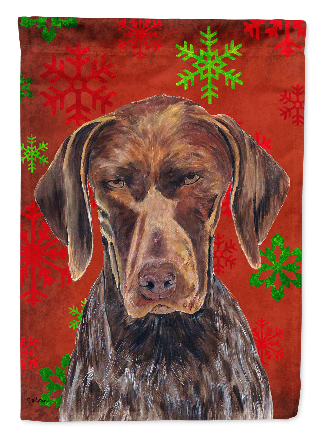 German Shorthaired Pointer Red  Snowflakes Holiday Christmas Flag  House Size  the-store.com.