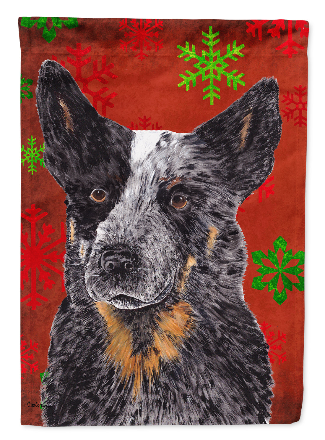 Australian Cattle Dog Red Green Snowflakes Holiday Christmas Flag  House Size  the-store.com.